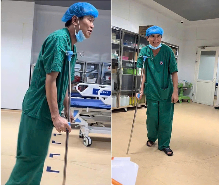 Bác sĩ dùng cây truyền dịch làm nạng sau ca mổ dài 5 tiếng