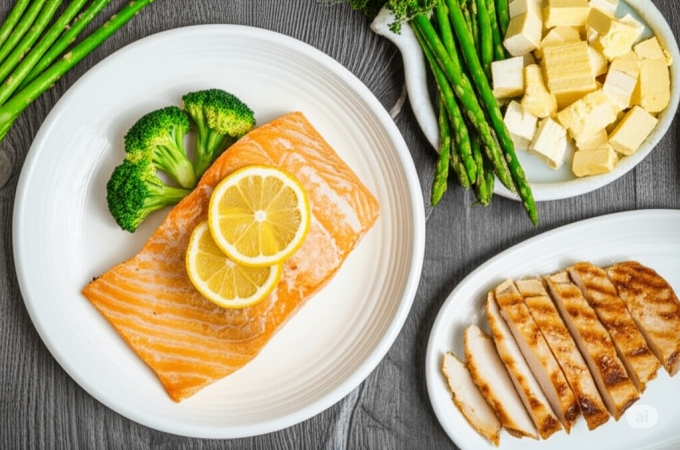 Cá hồi, thịt gà, đậu hũ, giàu protein. Ảnh: AI