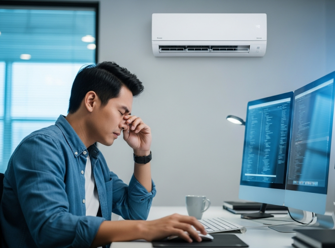 Làm việc trong phòng máy lạnh thường xuyên và kéo dài có thể gây khô mắt. Ảnh được tạo bởi AI