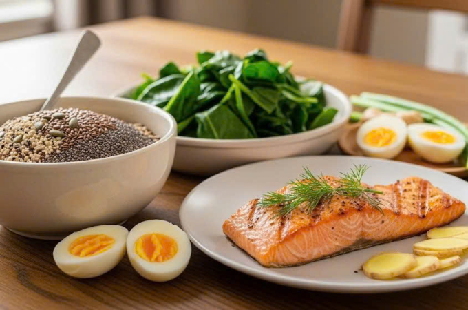 Món ăn chứa magie, vitamin B2, omega-3 hỗ trợ cải thiện tình trạng đau đầu. Ảnh: Trọng Nghĩa