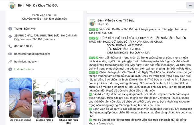 Nội dung kêu gọi tài trợ của trang Fanpage giả mạo Bệnh viện Đa khoa Thủ Đức. Ảnh chụp màn hình
