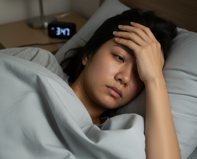 Mất ngủ kéo dài khiến làn da nhanh lão hóa. Ảnh được tạo bởi AI