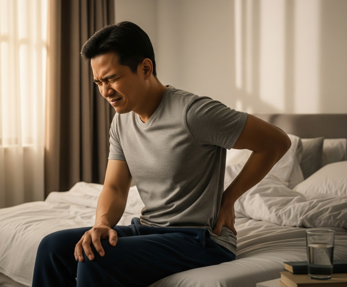 Bệnh gout cột sống gây đau lưng, tê bì hông lưng. Ảnh minh họa tạo bởi AI