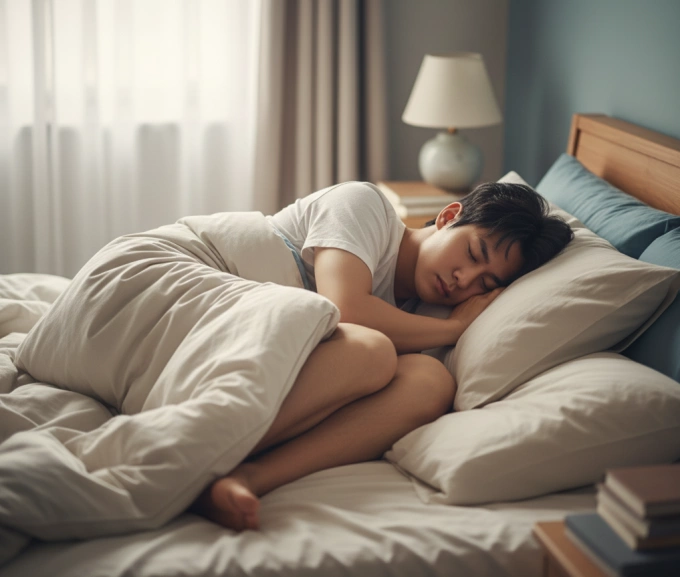 Tư thế ngủ bào thai dễ gây khó chịu, đau mỏi ở hông, lưng và đầu gối. Ảnh: AI