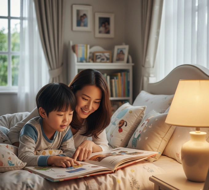 Thói quen đọc sách trước khi ngủ tốt cho não trẻ. Ảnh: AI