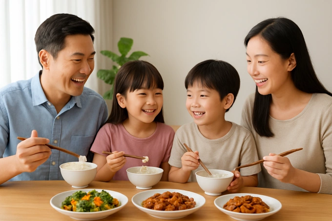 Cha mẹ là những tấm gương cho con về thói quen ăn uống. Ảnh: AI