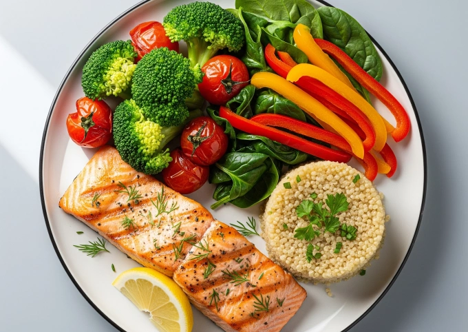 Thức ăn nhiều protein, chất xơ giúp no lâu, hỗ trợ giảm cân. Ảnh được tạo bởi AI