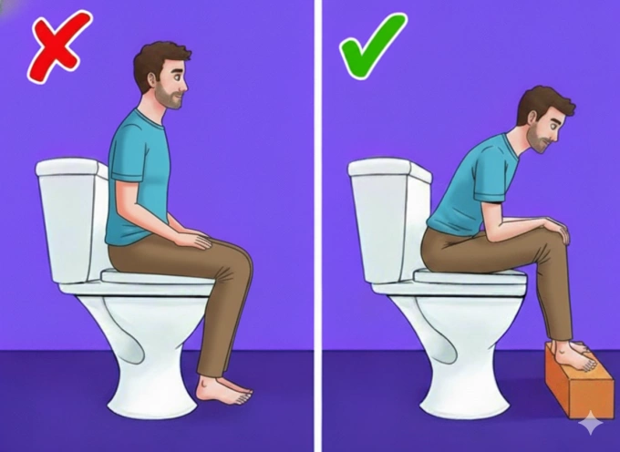 Nên đặt ghế nhỏ dưới chân khi ngồi bồn cầu và nâng cao đầu gối hơn hông để làm thẳng trực tràng, giúp việc đi tiêu trở nên dễ dàng hơn. Ảnh tạo bởi AI