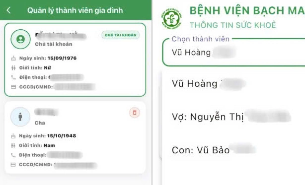 Quản lý thành viên gia đình trên ứng dụng của Bệnh viện Bạch Mai. Ảnh chụp màn hình