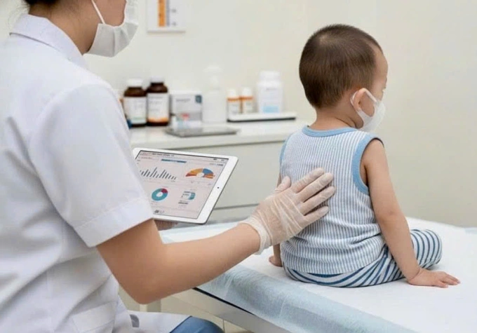 Bác sĩ khám và kiểm tra các chỉ số dinh dưỡng cho bé Hào. Ảnh: Bệnh viện Đa khoa Tâm Anh