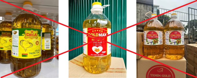Các laoij dầu ăn được phát heienj là giả, kém chất lượng. Ảnh: Công an Hưng Yên