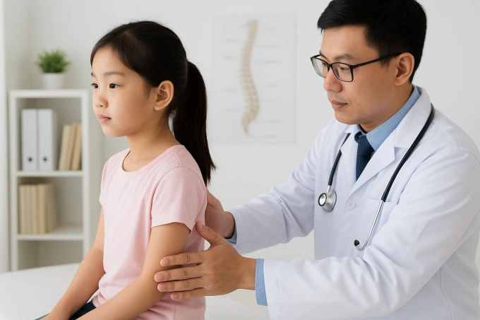 Cha mẹ nên đưa trẻ đi kiểm tra cột sống thường xuyên để phát hiện những vấn đề bất thường kịp thời. Ảnh: AI