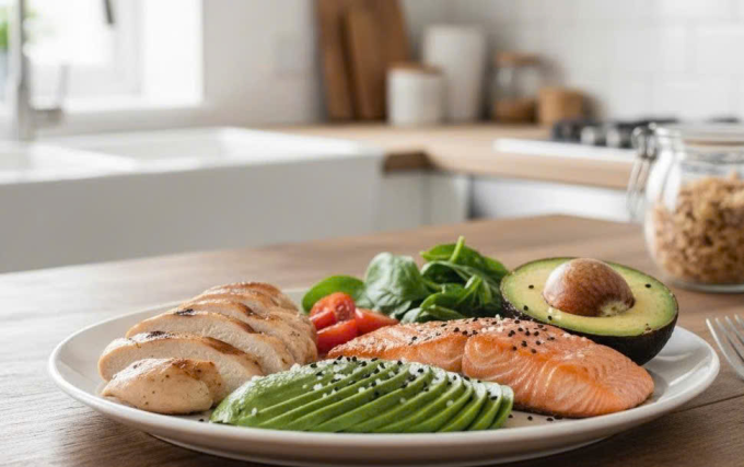 Cá hồi, bơ, thịt gà là những thực phẩm giàu vitamin B6. Ảnh: Trọng Nghĩa