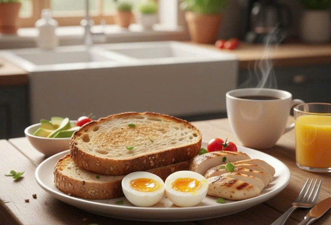 Bánh mì nguyên cám với trứng luộc là bữa sáng phù hợp cho người gan nhiễm mỡ. Ảnh tạo bởi AI