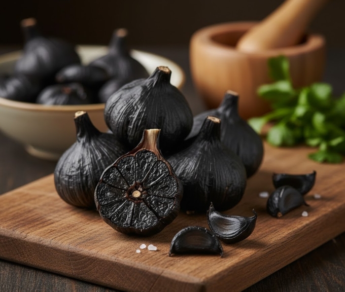 Tỏi đen chứa nhiều hợp chất chống oxy hóa. Ảnh minh họa được tạo bởi AI