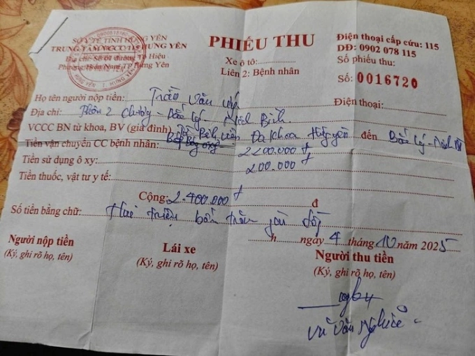 Phiếu thu 2,4 triệu đồng cho quãng đường 12km. Ảnh người nhà bệnh nhân cung cấp