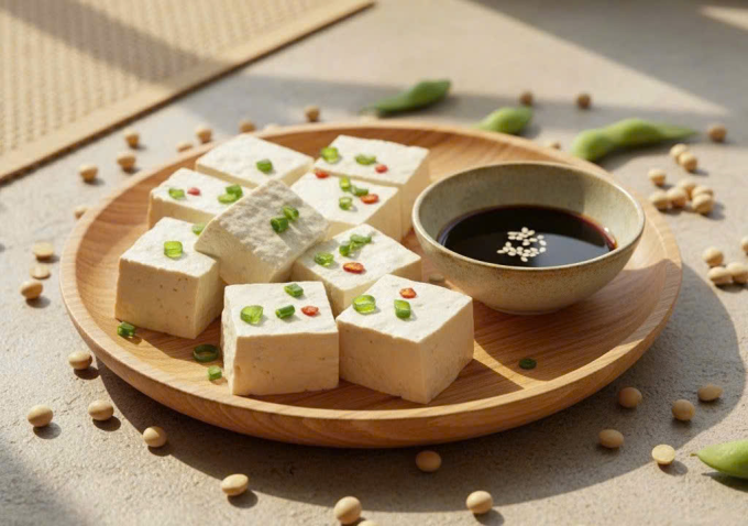 Món đậu phụ đơn giản là nguồn protein thực vật tốt cho người cần kiểm soát mỡ máu. Ảnh được tạo bởi AI