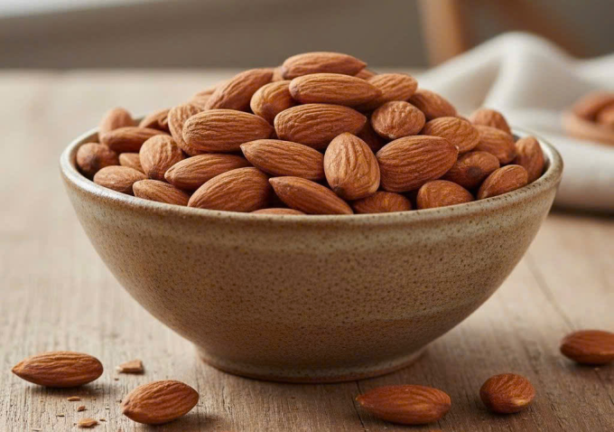 Hạnh nhân là thực phẩm giàu dưỡng chất, hỗ trợ kiểm soát cholesterol và bảo vệ tim mạch. Ảnh được tạo bởi AI
