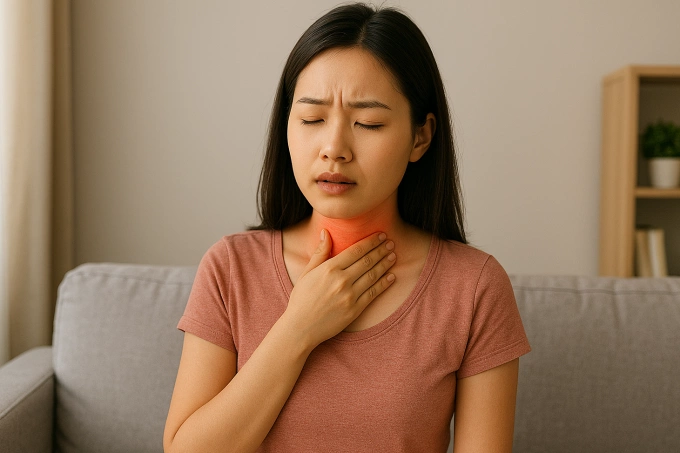 Trào ngược dạ dày có gây viêm họng không? Trào ngược dạ dày khiến cổ họng đau rát. Ảnh được tạo bởi AI