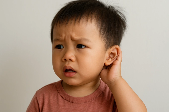 Vì sao trẻ dễ bị viêm tai giữa mùa lạnh? Trẻ nhỏ dễ mắc viêm tai giữa trong mùa lạnh. Ảnh được tạo bởi AI