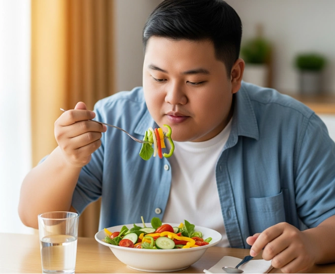 Vì sao điều chỉnh ăn uống quan trọng khi giảm cân? Rau xanh nhiều chất xơ giúp người béo phì giảm cân. Ảnh được tạo bởi AI