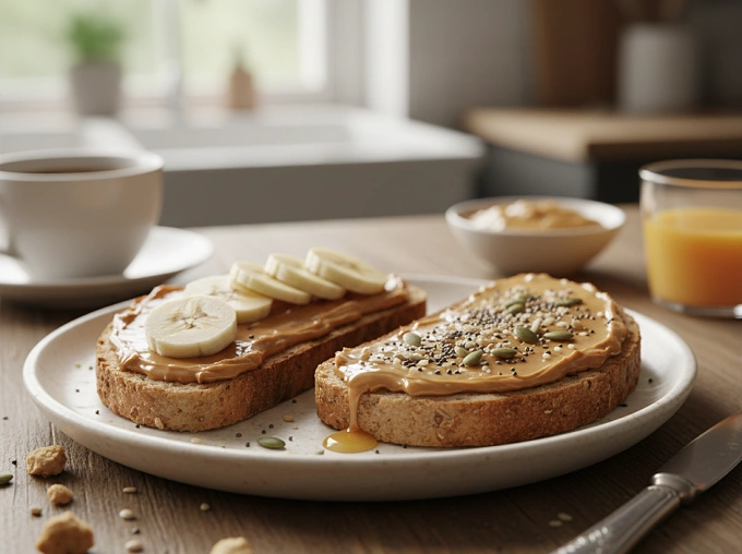Vì sao ăn kiêng vẫn tăng cân? Ăn sáng bằng bánh mì nguyên cám, chuối, bơ đậu phộng giúp no lâu. Ảnh được tạo bởi AI