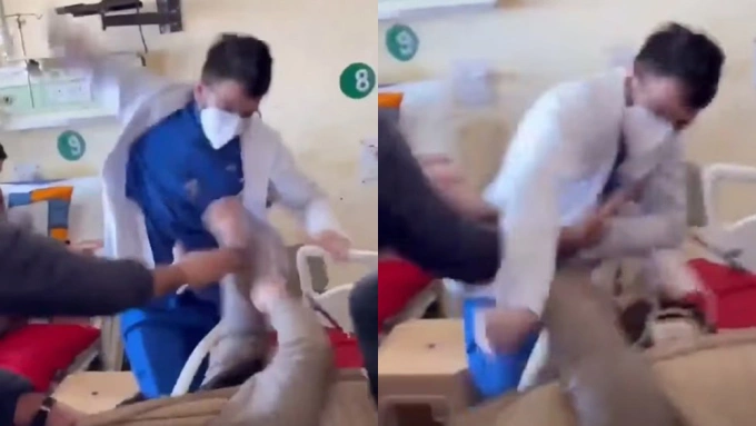 Bác sĩ đánh bệnh nhân tới tấp vì bị nhắc nhở thái độ Video ghi lại hình ảnh bác sĩ đánh bệnh nhân Arjun Panwar tại trường Cao đẳng Y tế Indira Gandhi. Ảnh chụp màn hình video