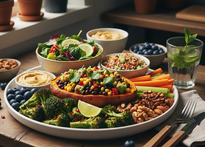 Ăn thuần thực vật có giảm cân được không? Chế độ ăn thuần thực vật tốt cho sức khỏe nhưng vẫn gây tăng cân nếu sử dụng không đúng. Ảnh được tạo bởi AI