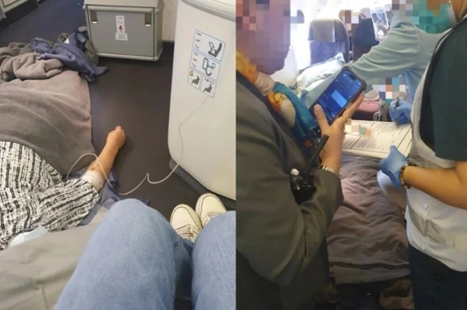 Nhóm bác sĩ Hàn Quốc luân phiên chăm sóc người bệnh trong suốt 3 giờ 30 phút đến khi máy bay hạ cánh và bàn giao cho đội ngũ y tế địa phương. Ảnh: Facebook Kim Jeong-hwan