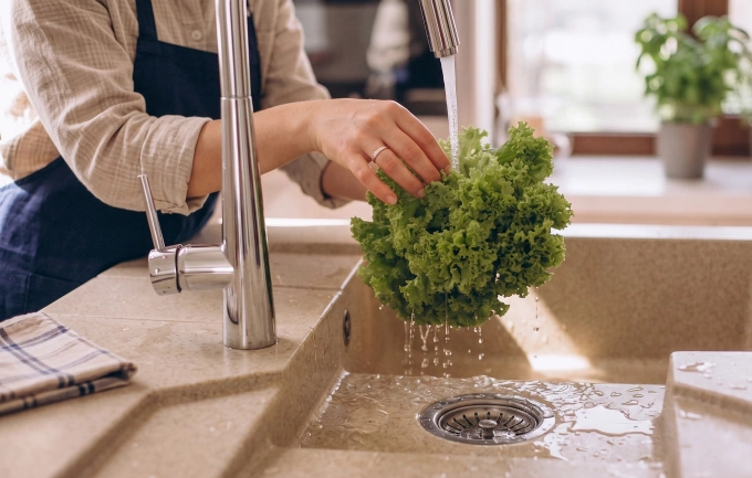 Với nhóm rau lá, nên cắt bỏ phần gốc, xả trực tiếp dưới vòi nước chảy để làm sạch kẽ lá và cuống. Ảnh được tạo bởi AI