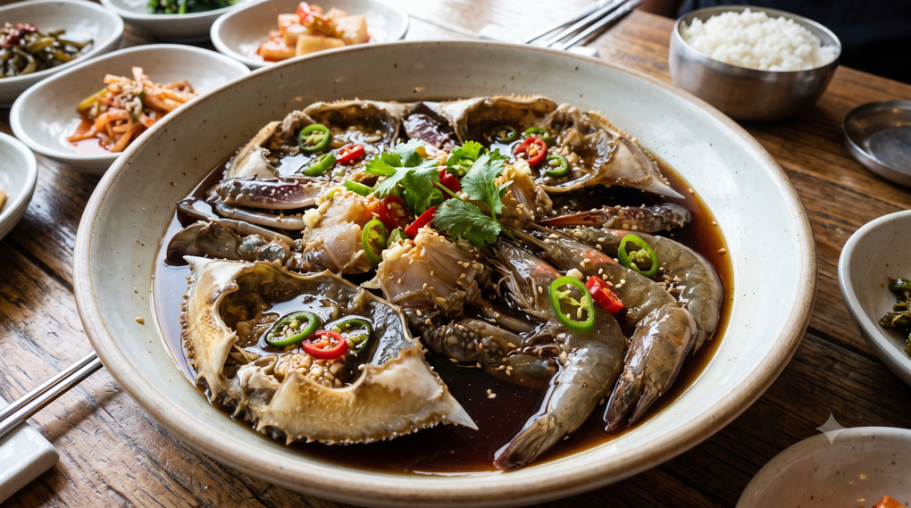 Ăn hải sản sống ngâm tương có nguy cơ lây nhiễm vi khuẩn đường ruột. Ảnh được tạo bởi AI